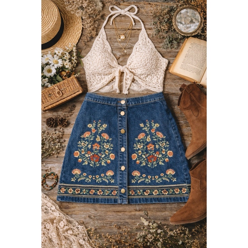 Francesca's Embroidered Denim Mini Skirt M Floral Boho Button Cottagecore